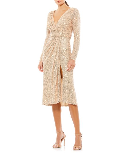 Ieena for Mac Duggal Natural Sequin Long Sleeve Cocktail Dress