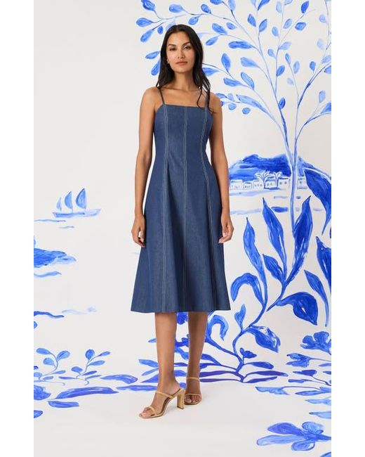 Maggy London Blue Topstitch Sleeveless Chambray Midi Dress