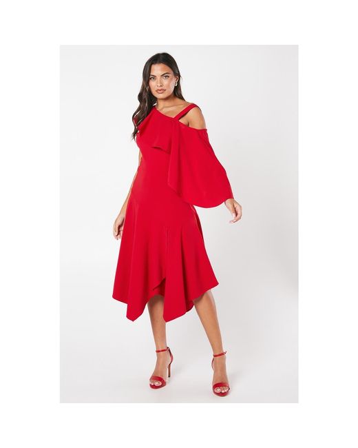 Coast Red One Shoulder Ruffle Crepe Midi Dress