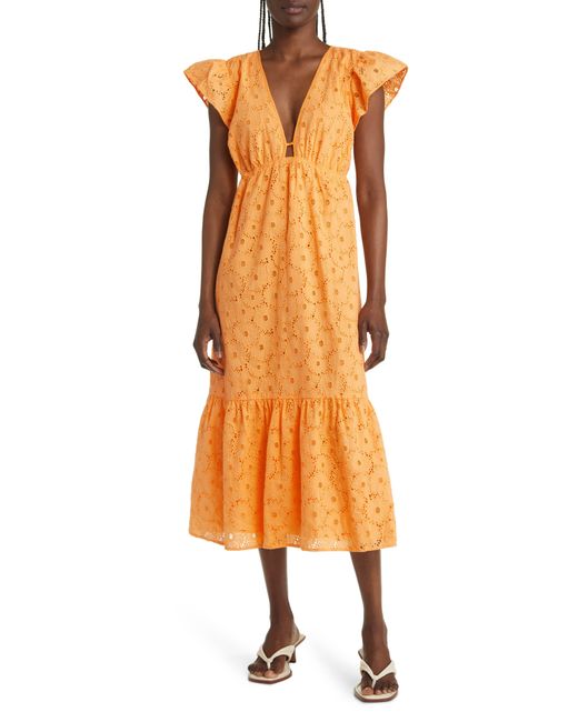 Rails Eyelet Flutter Sleeve Tiered Cotton Midi Dress in Orange | Lyst