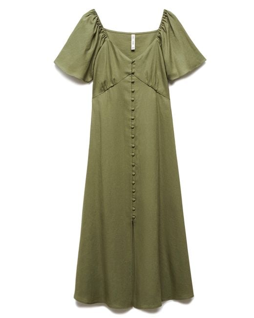 Mango Green Flutter Sleeve Linen Blend Midi Dress