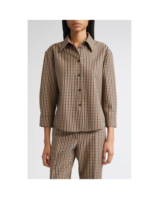 Jil Sander Brown Classic Check Three-Quarter Sleeve Crop Button-Up Shirt