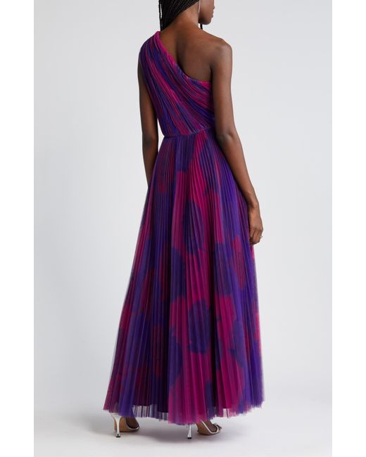 Hutch Purple Tarina Print Pleated One-shoulder Gown
