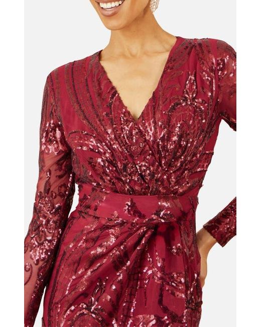 Yumi' Red Sequin Midi Long Sleeve Wrap Dress