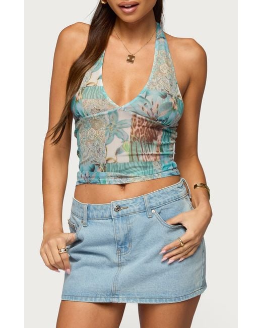 Edikted Blue Catie Patchwork Mesh Halter Top