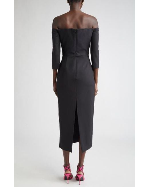 Oscar de la Renta Black Mosaic Rose Embroidered Off The Shoulder Midi Dress