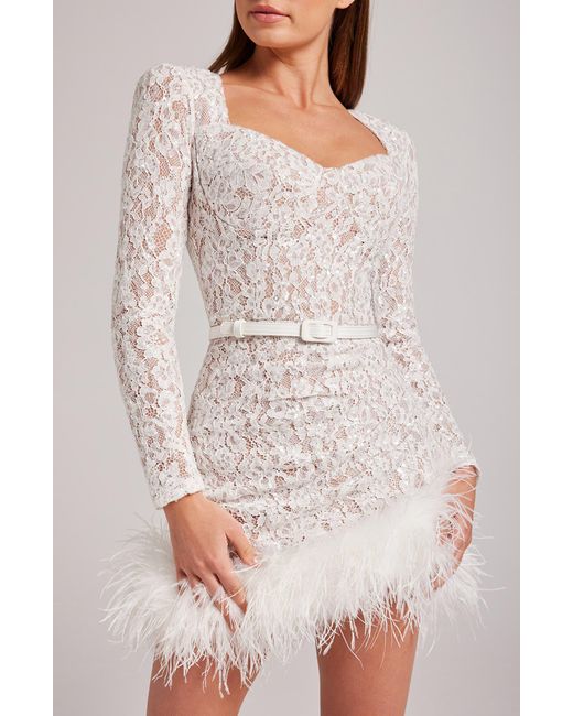 Nadine Merabi White Carly Sequin Lace Feather Trim Long Sleeve Minidress