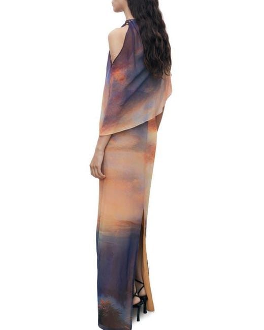 Mango Orange Abstract Print Cape Detail Gown