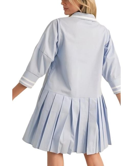 Knit & Lounge Blue Pleated Contrast Trim Front Tie Mini Dress