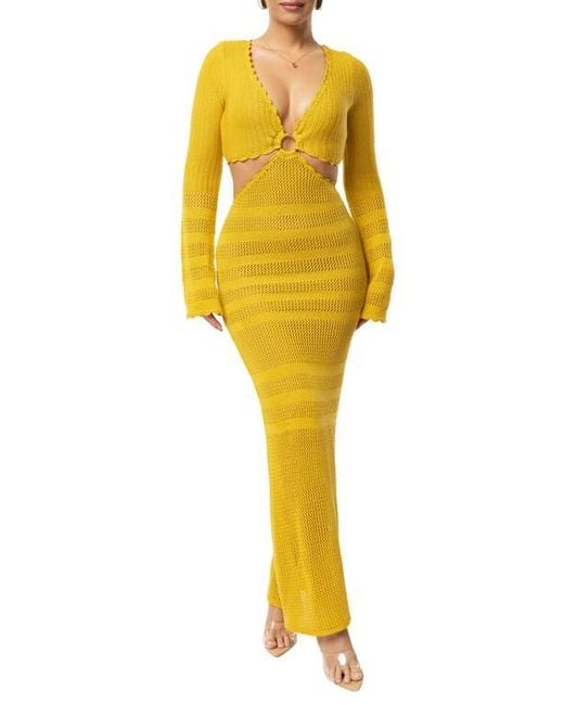 JLUXLABEL Women's Yellow Blossom Haven Open Stitch Long Sleeve Knit Maxi  Dress