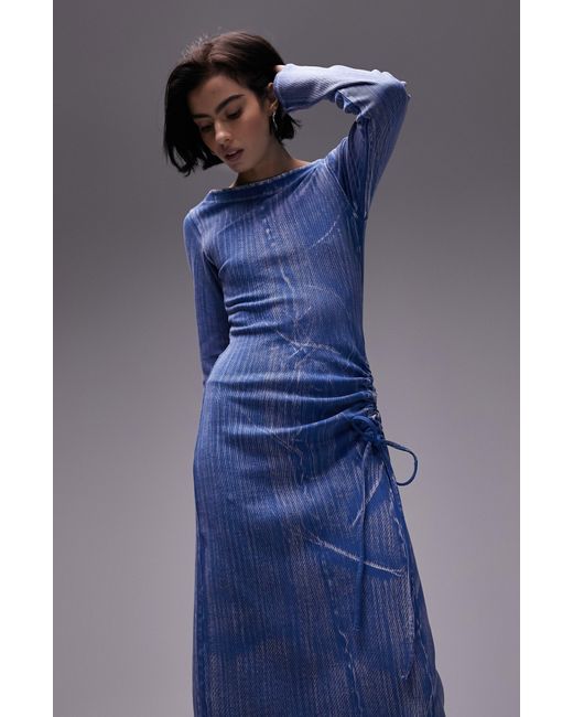 TOPSHOP Blue Acid Wash Ruched Long Sleeve Knit Midi Dress