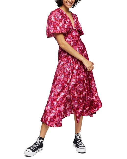 TOPSHOP Red Willow Pink Floral Print Angel Sleeve Midi Dress