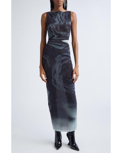 Jean Paul Gaultier Blue Blurry Roses Print Mesh Dress