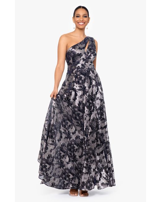 Betsy & Adam Blue Metallic Floral One-shoulder Gown