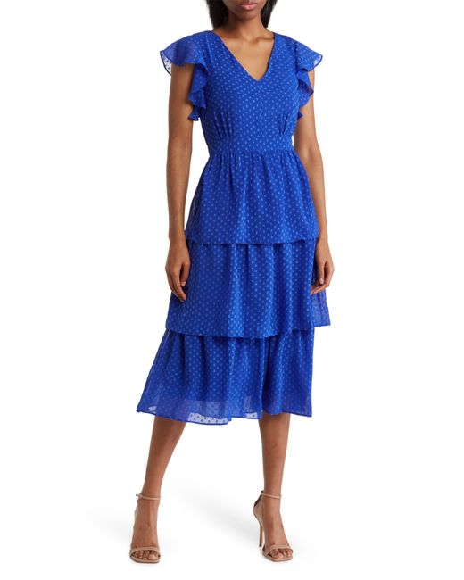 Julia Jordan Clip Dot Chiffon Midi Dress in Blue | Lyst