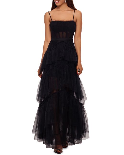 Betsy & Adam Black Tiered Tulle Ruffle Gown