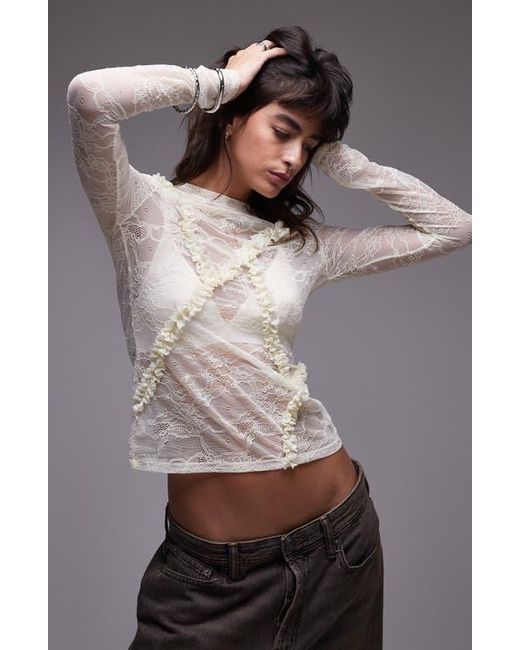 TOPSHOP Gray Lace Ruffle Front Long Sleeve Top