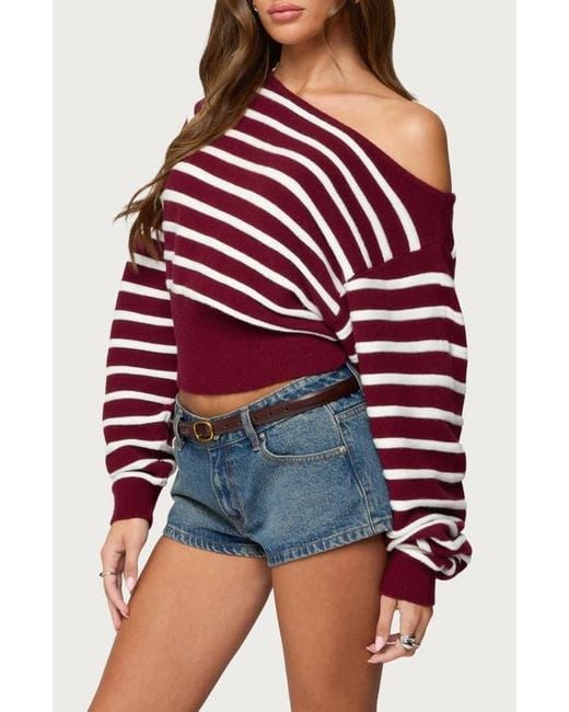 Edikted Red Mika Stripe Oversize Off The Shoulder Sweater
