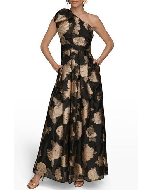 Donna Karan Black One-Shoulder Metallic Jacquard Gown