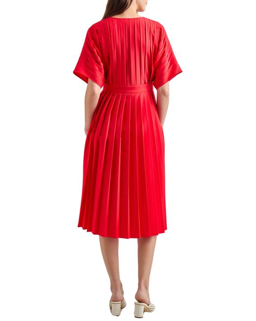 Misook Red Pleated Fit & Flare Midi Dress