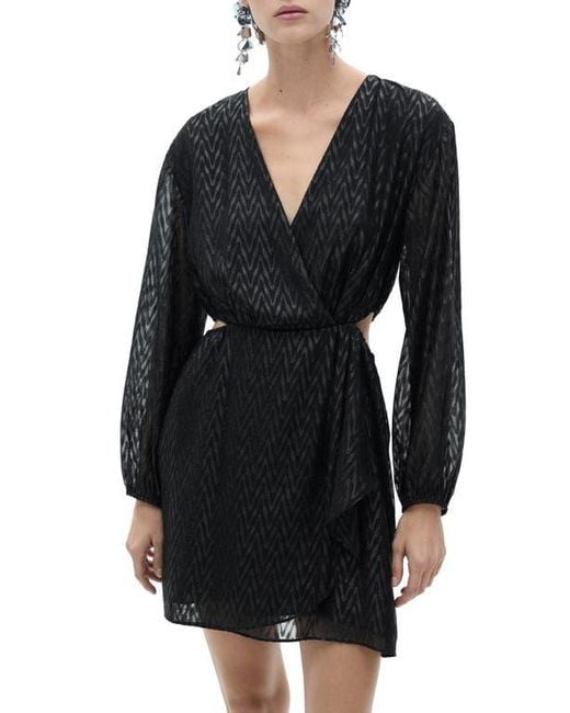 Mango Women's Black Metallic Long Sleeve Cutout Faux Wrap Dress
