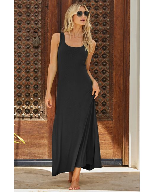 Becca Black Mykonos Semisheer Ribbed Cover-up Maxi Dress