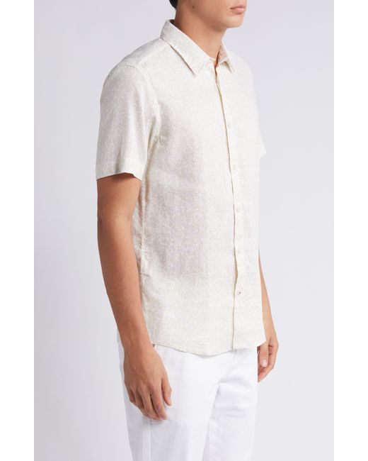 Boss White Liam Leaf Print Short Sleeve Stretch Linen Button-up Shirt for men