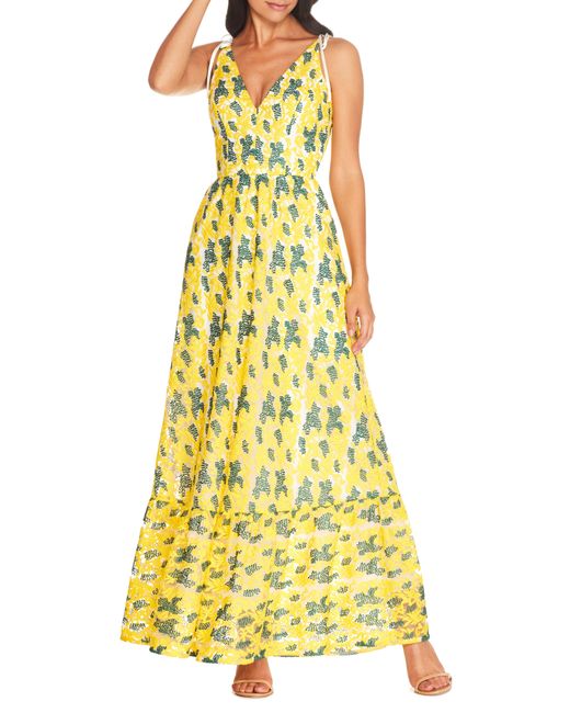 Dress the Population Yellow Sunny Embroidered Floral Tie Shoulder Gown