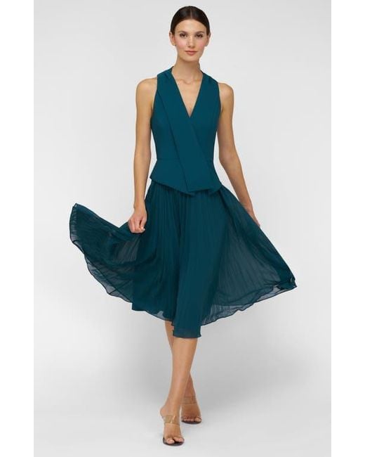 Kay Unger Blue Orella Pleated Mixed Media Cocktail Dress
