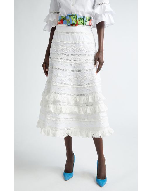 Carolina Herrera White Tiered Eyelet & Lace Maxi Skirt
