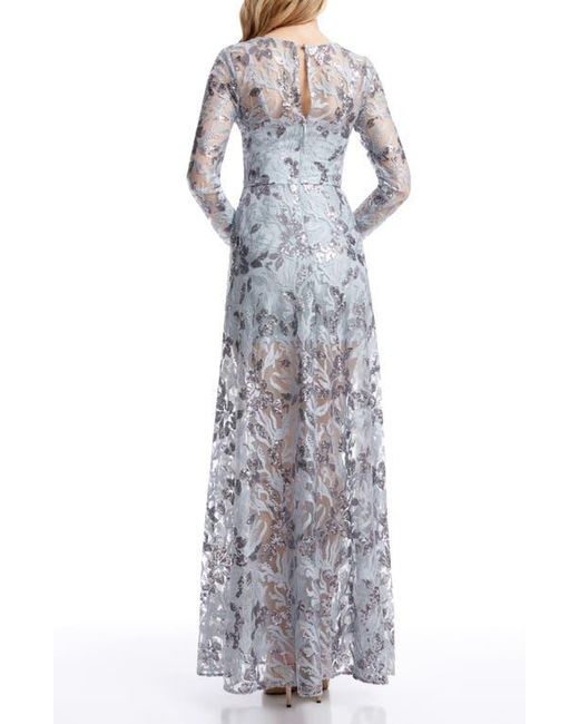 Dress the Population Gray Ava Sequin Floral Long Sleeve A-Line Gown