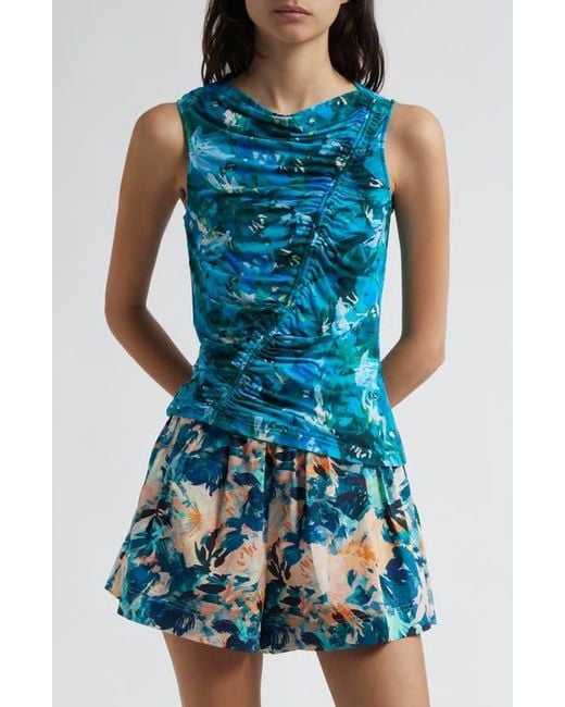 Ulla Johnson Blue Medea Floral Ruched Sleeveless Top
