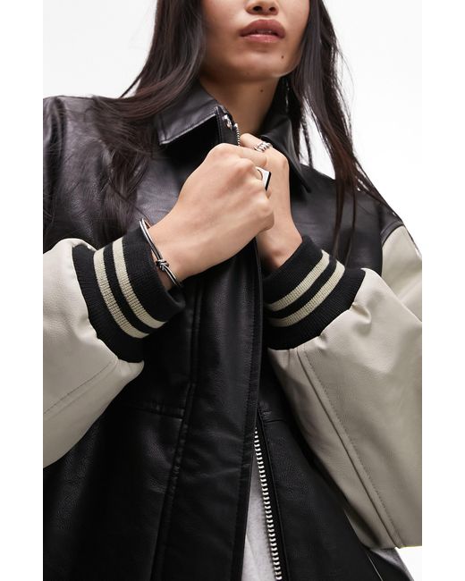 TOPSHOP Varsity Faux Leather Bomber Jacket in Black | Lyst