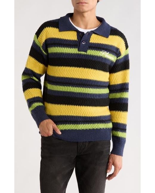 Pleasures Black Cooper Stripe Long Sleeve Polo Sweater for men