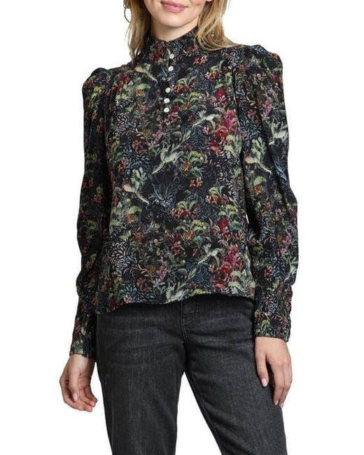 Apny Black Button Front Puff Shoulder Top