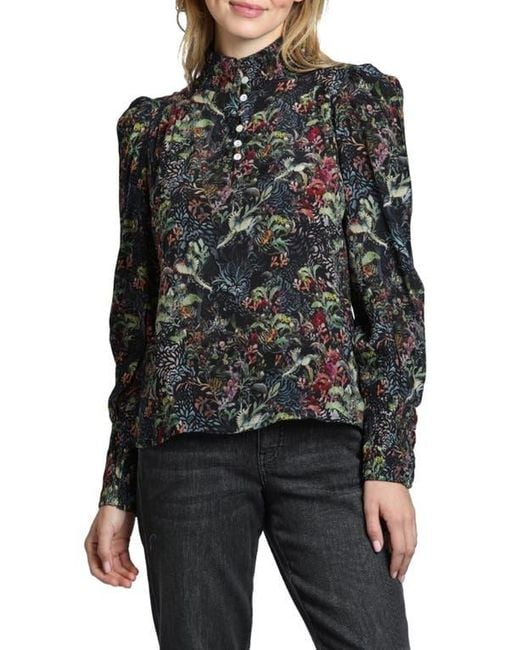 Apny Black Button Front Puff Shoulder Top