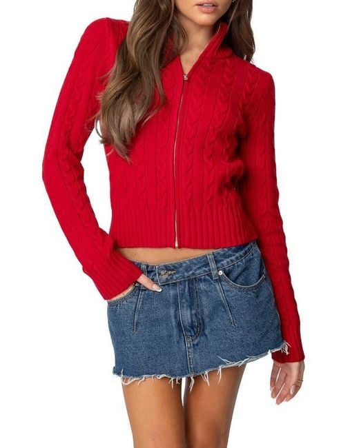 Edikted Red Ryn Cable Zip Sweater