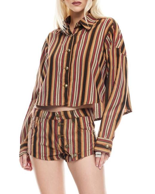 Lioness Brown Sundrenched Stripe Denim Crop Button-Up Shirt