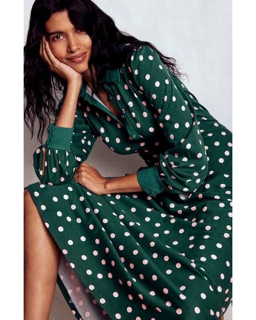 Boden Green Polka Dot Empire Waist Long Sleeve Dress