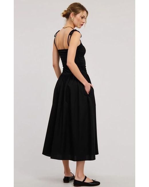Modenaire Black Ruched Bodice Tie Strap Gathered Skirt Midi Dress