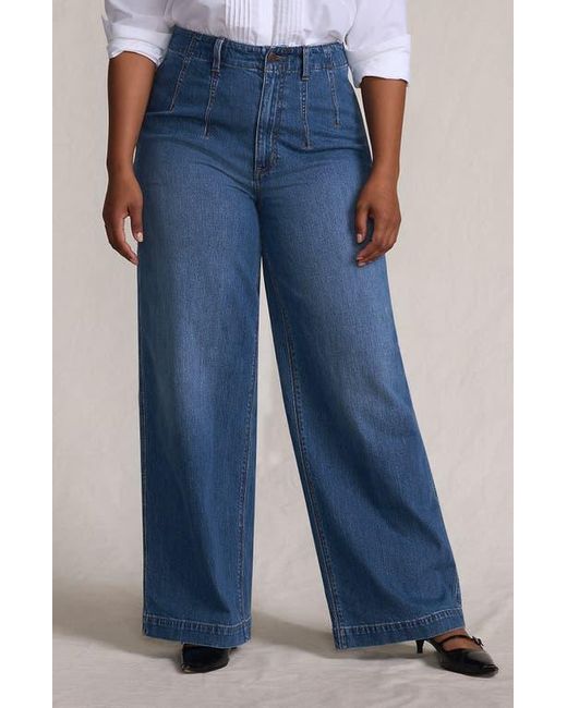 Lands' End Blue Petite Soft Denim High Rise Wide Leg Top Stitch Trousers