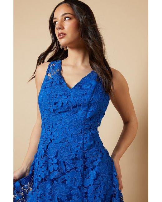 Oasis Blue Floral Lace V-Neck Midi Dress