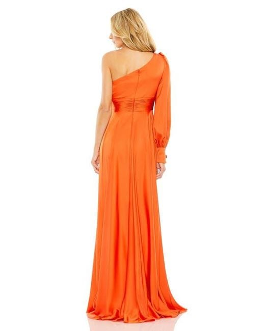 Mac Duggal Orange One Shoulder Bishop Sleeve Flowy Gown