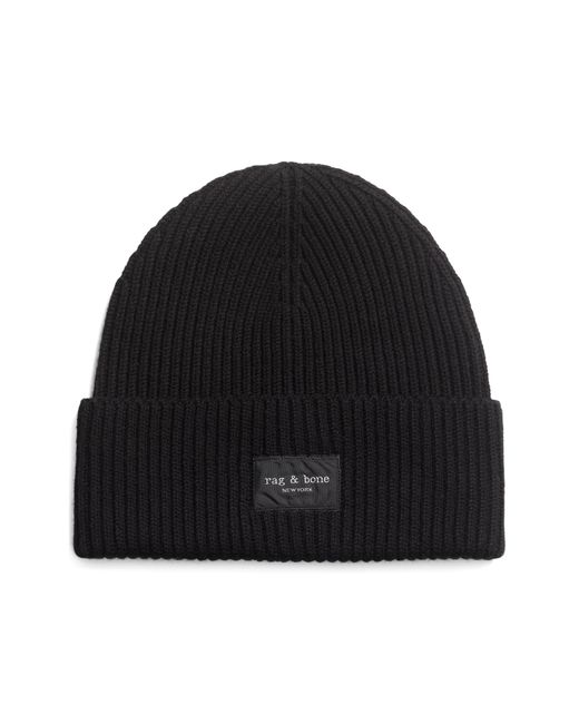 Rag & Bone Black Blake Logo Patch Wool Blend Rib Beanie