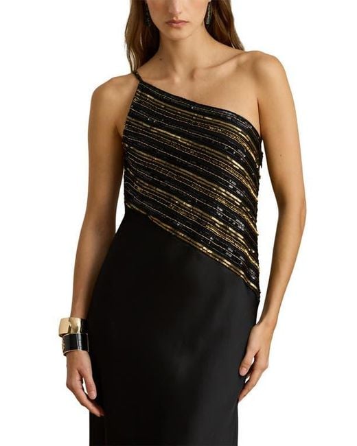 Ralph Lauren Beaded Mesh One-Shoulder Gown in Black | Lyst Ralph Lauren Beaded Mesh One-Shoulder Gown in Black | Lyst