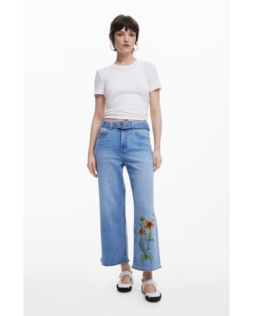 Desigual Blue Floral Embroidered Belted Crop Wide Leg Jeans
