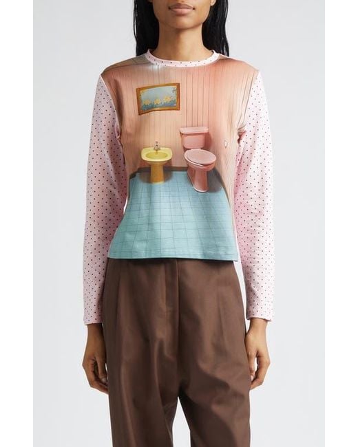 Ashley Williams Bathroom Print Long Sleeve Cotton T-Shirt in White