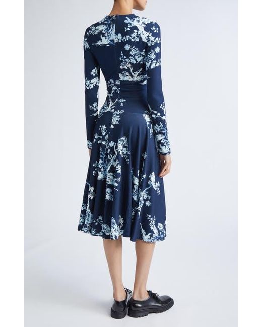 Erdem Blue Gathered Floral Print Jersey Midi Dress