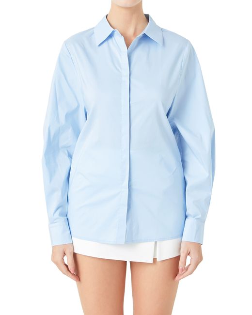 Endless Rose Blue Elastic Back Detail Cotton Blend Button-up Shirt