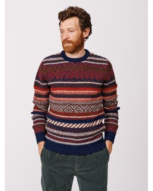 aubi Red Fair Isle Crew Neck Wool Sweater for men